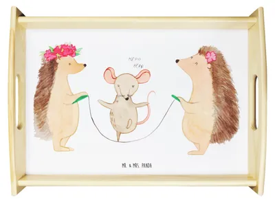 Produktbild von Mr. & Mrs. Panda Tablett Igel Seilhüpfen - Weiß - Geschenk, Maus, Serviertablett, holz, Kinder, Frühstückstablett, Seilspringen, Lustige Sprüche, Küchentablett, aus