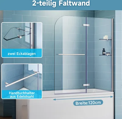 Produktbild von SONNI Badewannenaufsatz 2-teilig Glas Faltwand schwenkbar Badewannenabtrennung Nano Glas 120cm Duschabtrennung mit Ablage