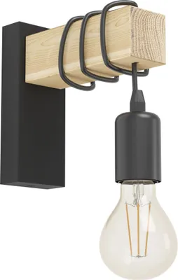 Produktbild von EGLO Wandlampe innen Townshend, Vintage Wandleuchte mit Holzbalken, Retro Wand Lampe aus Holz und Metall in Schwarz, E27,