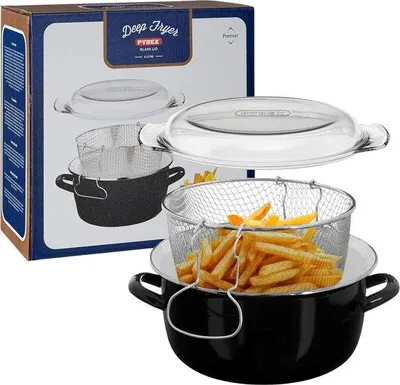 Productafbeelding van Kleine, 5 liter, geëmailleerde friteuse, zwart, met glazen deksel