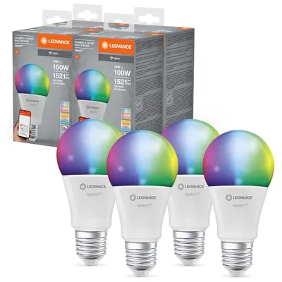Produktbild von 4 x Ledvance LED Smart+ Birne A70 14W = 100W E27 matt 1521lm RGBW 2700K-6500K Dimmbar App Google Alexa WiFi