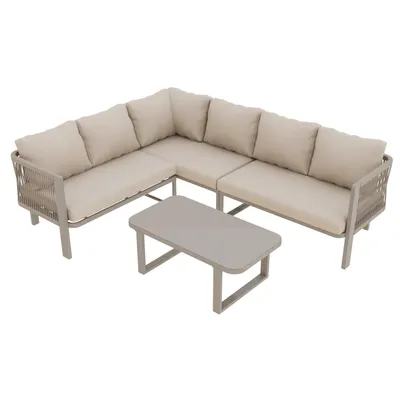 Produktbild von Gartenmöbel-Set,6 Personen, Eckstellung, verzinktes Stahlrohr,Glastischplatte, Teslin-Seilflechten,inklusive Esstisch, Bank, Stühlen und Sofa