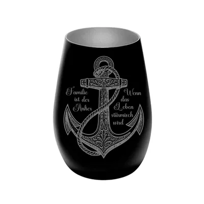 Produktbild von Stölzle Lausitz Windlicht aus Glas schwarz silber mit Lasergravur „ Familie ist der Anker...“, persönliches Geschenk für Freunde, Familie und Partner