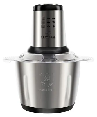 A stainless steel electric food chopper with a transparent lid, shown from a front-facing diagonal angle on a white background.