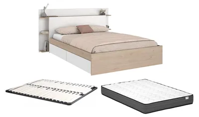 Produktbild von Bett 140 x 190/200 cm mit 4 Schubladen - Natur und weiß + Rahmen + Matratze - TILONIDE