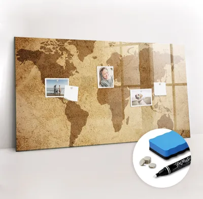 Produktbild von Magnetpinnwand Memoboard - Zubehörsatz - Weißer Marker + Schwamm + Magnete - 120 x 60 cm - Vintage-Weltkarte