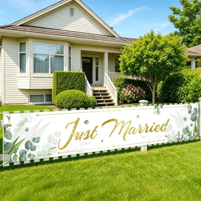 Produktbild von Stoffgirlande – Schriftzug „Just Married“ mit Eukalyptus-Motiv – Hochzeitsdekoration – 268 x 46 cm