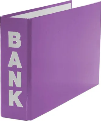 A purple bank folder is shown standing upright.