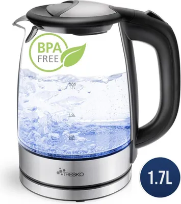 Obrázek produktu pro Skleněná konvice TRESKO 1,7 l Skleněná konvice LED z nerezové oceli 2200W Čajovar bez BPA