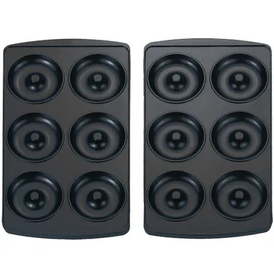 Two black donut baking pans shown from a top-down perspective against a white background.