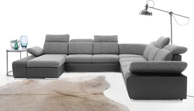 Image de Canapé d'angle en U avec coffre de rangement et fonction couchage, noir et gris foncé, récamier à gauche