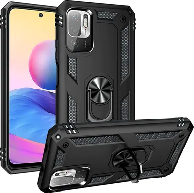 Produktbild von Conie Outdoor Schutzhülle für Xiaomi Redmi Note 10 5G Tasche Silikon Hard Case Cover Hülle mit Halter Ständer in Schwarz