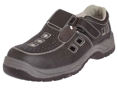 A black safety sandal with white stitching and gray sole, shown from a side-angle on a white background.