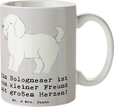 Produktbild von Mr. & Mrs. Panda Tasse Bologneser Herzfreund - Grau Pastell - Geschenk, Liebe, Teetasse, soziale Hunde, Pott, verspielte, Hunderassen Pflege, Kaffeebecher, Hunderasse