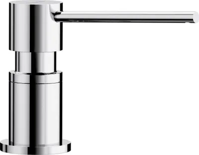 A chrome soap dispenser on a white background.
