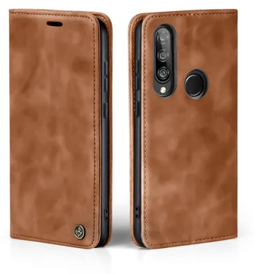 A brown leather flip case for a smartphone, shown from two angles.