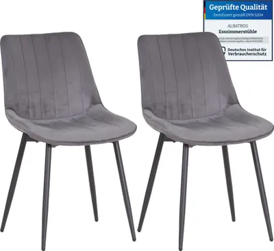 Produktbild von Albatros BOSA Samtstuhl Grau – 2er-Set Esszimmerstühle im modernen Retro-Design, gepolstert & ergonomisch, DEKRA-, pflegeleichter Bezug