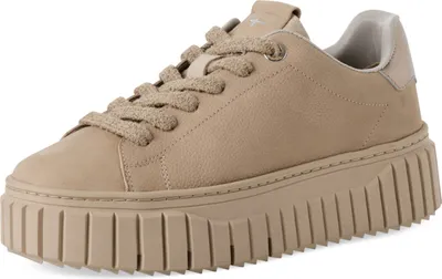 A single beige sneaker with a thick platform sole is shown against a white background.