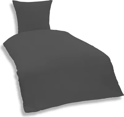 A dark grey duvet cover and pillowcase set laid out on a white background.