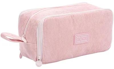 Produktbild von Großes Federmäppchen aus Cord mit 3 Fächern, Federmäppchen für Mädchen und Jungen, Federmäppchen für Schule und Büro (rosa)