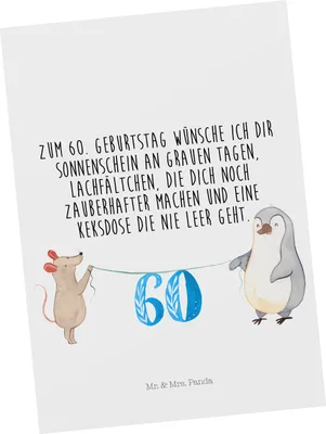 Produktbild von Mr. & Mrs. Panda Postkarte 60. Geburtstag Maus Pinguin - Weiß - Geschenk, Postkarten, Ansichtskarte, Happy Birthday, Kuchen, bildkarte, Torte, Grußkarte, Ansichtskarten