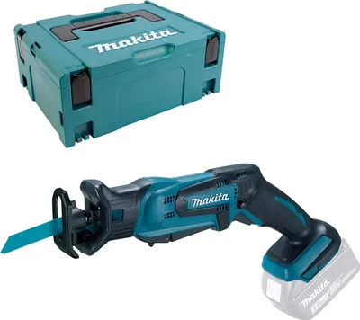 A teal and black Makita reciprocating saw with a teal blade, and a teal Makita storage case are displayed against a white background.