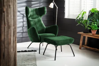 Produktbild von KAWOLA Sessel LOTTE Ohrensessel velvet smaragd mit Hocker