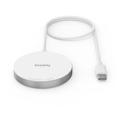 A white wireless charger with a silver rim and a white USB-C cable, shown on a white background.
