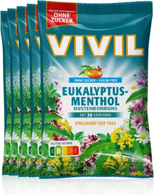 Produktbild von VIVIL Eukalyptus-Menthol Hustenbonbons ohne Zucker | 5 Beutel x 120g