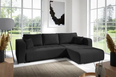 Produktbild von Ecksofas in L-Form ANTONIO CALVIN 288x185x70cm, Schenkel/Ottomane rechts oder links, Schlaffunktion & Bettkästen, Eckarniutur, Bezug - Cord in Schwarz