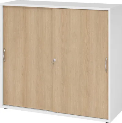 Produktbild von bümö Schiebetürenschrank office - 3 Ordnerhöhen - Griff: Bogengriff (Metall), Nachbildung: Weiß/Eiche