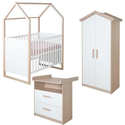 Immagine prodotto di Set camera per bambini Cabane 3 pezzi roba - Lettino per bambini e lettino aggiuntivo 60 x 120 cm + fasciatoio + armadio per bambini a 2 ante con design a casetta - Bianco/decorazione rovere