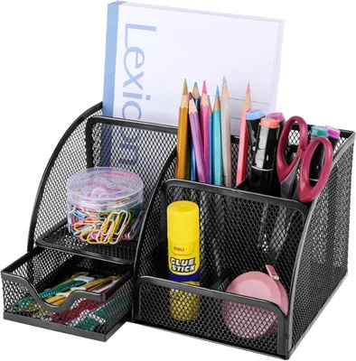 Image de Organisateur de bureau avec tiroirs, dimensions 22 x 14 x 13 cm, en métal ajouré, 6 compartiments, pour bureau