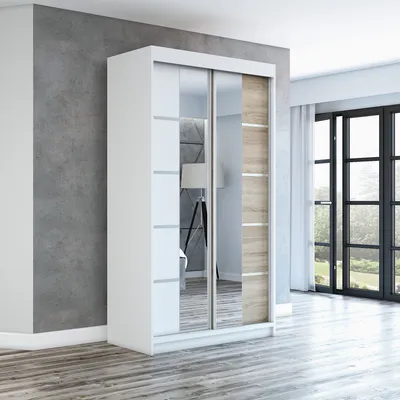 Productafbeelding van Schuifdeurenkast, 2 deuren, model ERA, 120 cm (met spiegel) (wit / wit / sonoma)