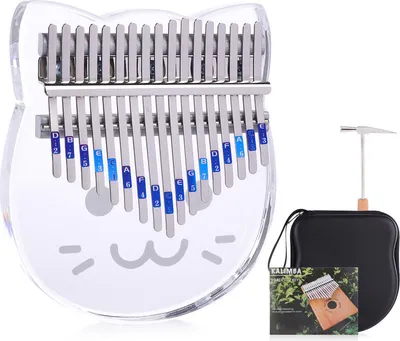 Image de Kalimba 17 touches, notes de piano de pouce en acrylique clair piano à doigts de salon sculpté avec étui de kalimba marteau d'accord cahier d'étude autocollant - Design de la tête de chat
