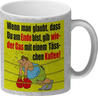 Produktbild von Motivation Glitzer-Kaffeebecher mit Boxer Motiv in gelb