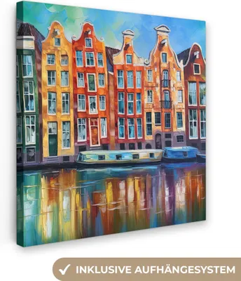 Produktbild von MuchoWow® - Leinwandbilder - Amsterdam - Ölgemälde - Gracht - Gemälde - Kunst, Wandbild, Wanddeko Bilder Wohnzimmer, 90x90cm