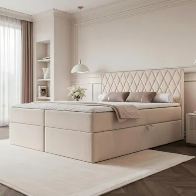 Produktbild von Boxspringbett PONTI 180x200 Rautensteppung Bettkasten Bonellmatratze Samt Cremeweiß