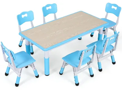 Image de Table pour enfants avec 6 chaises - Ensemble de table d'activités pour enfants - Hauteur réglable de 48 à 60 cm - 7 pièces - Plastique et bois - Bleu