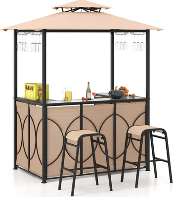 Produktbild von COSTWAY Gartenbar Set, Bartisch mit 2 Barhocker, Metallregalen & Glashalter, Grillpavillon mit Doppeldach, Gartentheke Braun