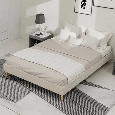 Produktbild von MODFU Plattformbett 140x200 Jugendbett mit niedriges Gestell,Minimalistisches Bettgestell Bettrahmen ohne Kopfteil und Matratze,ohne Gasdruckfeder,Beige