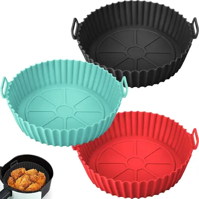 Produktbild von 3 Stück Silikonformen für Heißluftfritteusen - BPA-frei - Wiederverwendbar - Für Heißluftfritteuse, Backofen, Mikrowelle, Kuchenform - Hitzebeständig