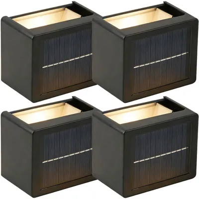 Produktbild von 4er Set LED Solar Wandleuchte für Aussen: Warmweiss/Kaltweiss Garten-Lampe mit Akku & Sensor, IP44 Wasserfest, Deko Strahler für Zaun & Wand