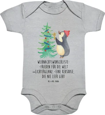 Produktbild von Mr. & Mrs. Panda babykleidung body Pinguin Weihnachtsbaum 3. - 6. Monat - Heather Grey - Geschenk, Weihnachten, Babystrampler, Strampler Baby, Winter, Kurzarmbody