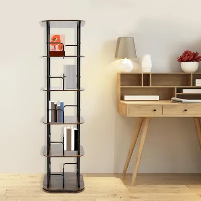 Obrázok produktu pre Otočná knižnica – stojaca knižnica – 5 políc – otočná o 360° – železný rám – 45×45×159 cm – vyžaduje montáž
