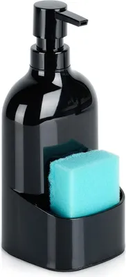 A black soap dispenser with a blue sponge in its holder, isolated on a white background.