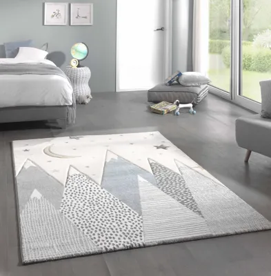 Produktbild von Teppich Kinderzimmer mit Bergen pastell blau grau Größe - 80x150 cm