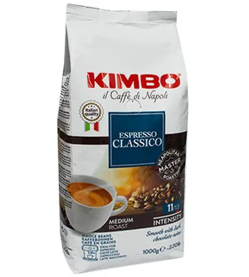 A bag of Kimbo Espresso Classico coffee beans.