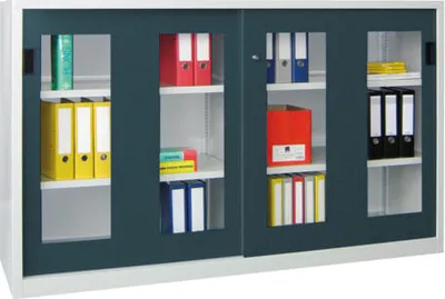 Produktbild von Schiebetürenschrank - Sichtfenstertüren - 1.200x2.000x500 mm (HxBxT) - 4 Böden, verzinkt - Zylinderschloss - reinorange/lichtgrau