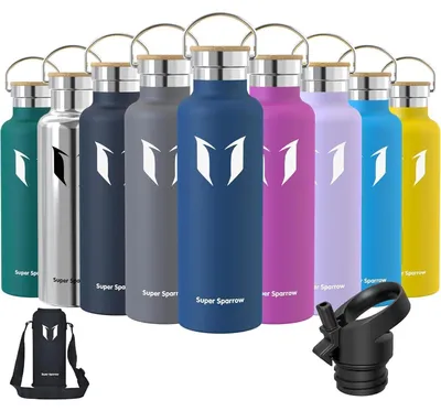 Image de Bouteille en acier inoxydable de 750 ml, couleur cobalt, sans fuite, sans BPA, avec 2 bouchons